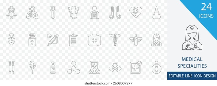 Medical specialties line icon collection set. containing  Gynecology, Endocrinology, Hematology, Gastroenterology  more icons art.