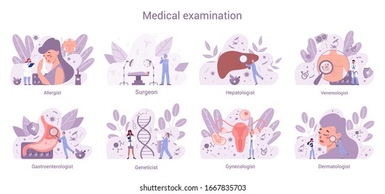 Medical specialties web banner concept set. Gynecologist and allergist, dermatologist and gastroenterologist. Disease diagnosis and treatment. Vector illustration in flat style