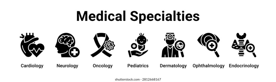 Medical Specialties web banner icon vector illustration concept for medical with icon of Cardiology, Neurology, Oncology, Pediatrics, Dermatology.