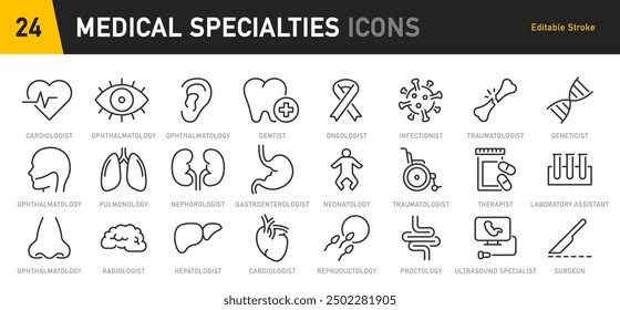 Medical Specialties web icons in line style. Medicine, RX, doctor, virus, testing, lab, scientific discovery, infographic collection. Vector illustration.