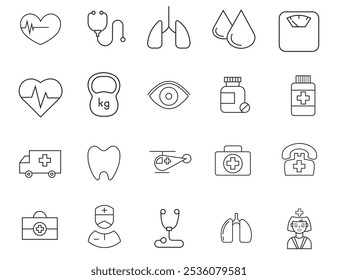 Especialidades médicas ícones da web em estilo de linha. Cérebro, odontologia, diagnóstico, médico, medicamentos. Ilustração vetorial. Vetor	