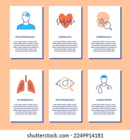 Medical specialty banner templates with place for text. Cardiology, dermatology and other specialities. Healthcare and medicine. Vector illustration.