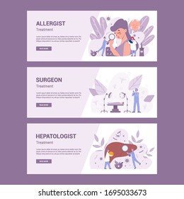 Medical specialty and examination header banner concept set. Allergist, surgeon and hepatologist. Disease diagnosis and treatment. Vector illustration in flat style