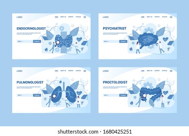 Medical specialty and examination web banner concept set. Endocrinologist and psychiatrist, proctologist and pulmanologist. Disease diagnosis and treatment. Vector illustration in flat style