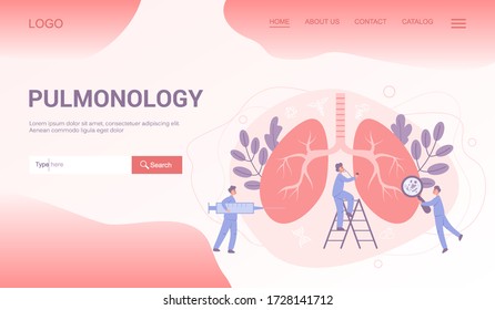 Medical specialty and examination web banner or landing page. Doctor standing at big lungs. Idea of health and medical treatment. Healthy pulmonary system. Vector illustration