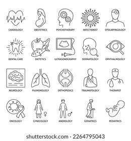 Medical specialty icon set in line style. Medicine and healthcare symbols. Vector illustration.