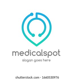 Medical spot vector logo template. This design use location pin and stethoscope symbol. Suitable for health business.