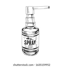 Medical spray bottle, hand drawn retro vector illustration. Medical container for throat liquid cure, vintage-style sketch isolated on white background.