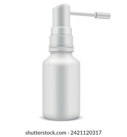 Medical spray bottle with nozzle sprayer for oral and nasal medicine care mockup realistic vector illustration. White container chemical cure ill sick treatment tube plastic packing bottle dispenser