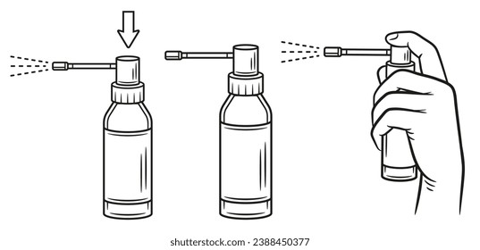 Medical spray for sore throat, use pharmacy mouth hygiene sprayer, liquid oral aerosol medicine instruction line icon set. Press hand on antiseptic dispenser bottle. Household chemical product. Vector