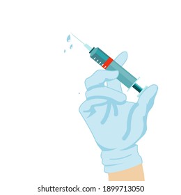 Medical Sryringe in Doctor Hand. Vector Flat Icon