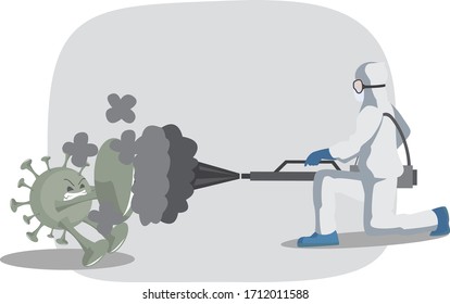 Medical staff is attacking corona virus using disinfectant smoke illustration
