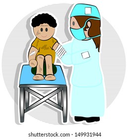 medical staff auscultating a child sitting on a table, medical staff auscultating a child sitting on a table.