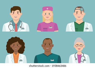 Medical staff avatars set. African American and white medical staff. Medical avatars of men and women. Vector illustration.