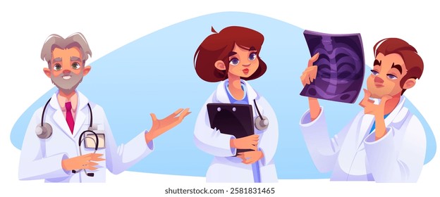 Medical staff cartoon characters - experienced doctor with stethoscope, female nurse holding clipboard, young physician examining x ray scan. Cartoon healthcare professionals team in white coats.