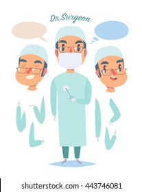 Medical staff character. Young man doctor. Surgeon in uniform. Isolated body elements in flat cartoon style. Vector illustration.