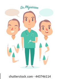 Medical staff character. Young man doctor. Physician in uniform. Isolated body elements in flat cartoon style. Vector illustration.