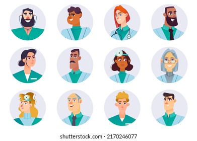 Medical staff characters avatars isolated set. Doctors, nurses, surgeons, paramedics, pharmacists and other practitioners in hospital or clinic. Vector illustration with people in flat cartoon design