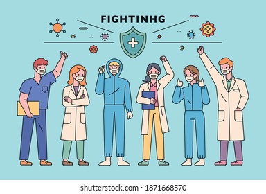 Medical staff characters fighting against the virus. People wearing doctor gowns and quarantine uniforms are raising their fists up. flat design style minimal vector illustration.