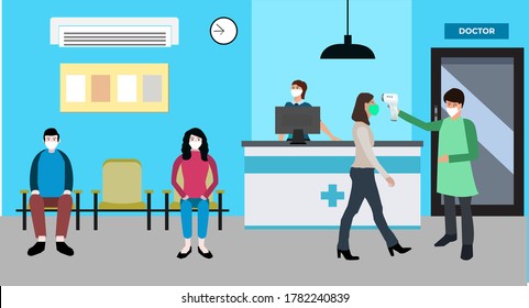 Medical staff checking body temperature at hospital reception by using Contact less or touch less infrared thermometer before going to doctor cabin. Social distancing in New normal hospital Concept