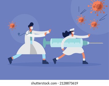 medical staff with covid19 vaccine icons