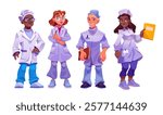 Medical staff diverse character set with African and Caucasian male and female specialists in white coats. Professional healthcare team - senior physician, practitioners with documents, young doctor.