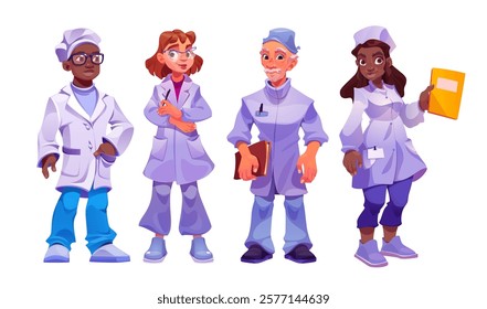 Medical staff diverse character set with African and Caucasian male and female specialists in white coats. Professional healthcare team - senior physician, practitioners with documents, young doctor.