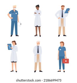 Medical staff doctor. Hospital worker characters in uniform holding x-ray picture, first aid kit. Surgeons, practitioners and nurses standing with equipment, people working in clinic vector set