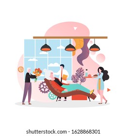 Medical staff doctor and nurse male and female characters taking care of senior woman, pensioner in hospital, vector illustration. Elderly care concept for web banner, website page etc.