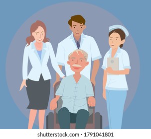 Medical staff , Doctor and nurse Pay close attention to the patient Until good health can go home. Vector Illustration Style