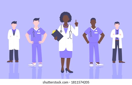 Medical staff doctor team with face masks clinic employee vector illustration isolated on white background. Hospital or medical clinic staff doctor, surgeon, nurse standing up with equipment.