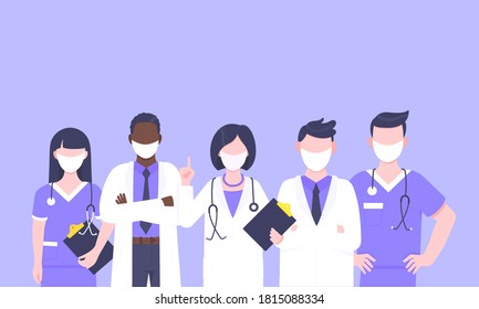 Medical staff doctor team with face masks clinic employee vector illustration isolated on white background. Hospital or medical clinic staff doctor, surgeon, nurse standing up with equipment.