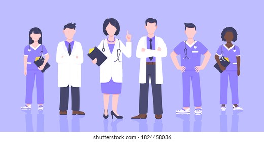Medical staff doctor team with face masks clinic employee vector illustration isolated on white background. Hospital or medical clinic staff doctor, surgeon, nurse standing up with equipment.