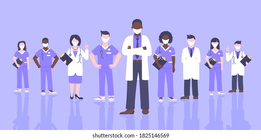 Medical staff doctor team with face masks clinic employee vector illustration isolated on white background. Hospital or medical clinic staff doctor, surgeon, nurse standing up with equipment.