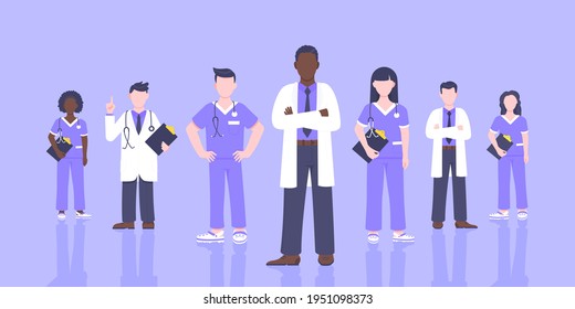 Medical staff doctor team with face masks clinic employee vector illustration isolated on white background. Hospital or medical clinic staff doctor, surgeon, nurse standing up with equipment.