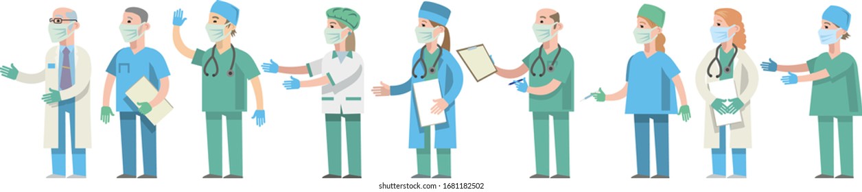Medical Staff: Doctors, A Man And A Woman In A Medical Uniform With A Stethoscope Talk To Each Other. Set Of Doctors In Medical Masks. Flat Vector Illustration.