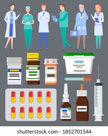 Medical staff, doctors, medics. Medical or healthcare web icons colorful capsules, containers, jars with pills, tablets, pipette, syringe, bottles with nasal drops. Treatment concept, collection