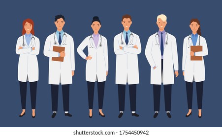 Medical staff of doctors. Men and women doctors group. Medical team concept vector illustration in a flat style.