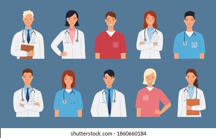 Medical staff of doctors and nurses. Group of Male and female doctors. Medical team concept vector illustrations in flat style.