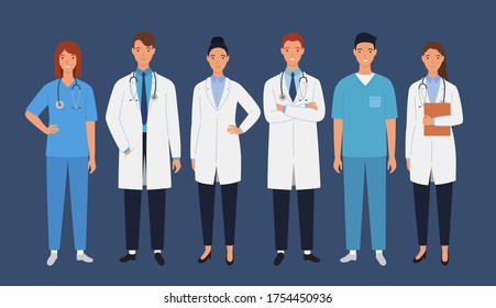 Medical staff of doctors and nurses. Men and women doctors group. Medical team concept vector illustration in a flat style.