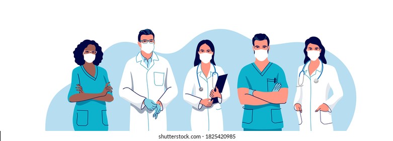 Medical staff. Doctors and nurses wearing a surgical face mask, male and female medical characters set. Vector illustration.