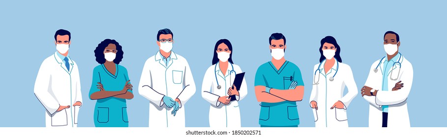 Medical staff. Doctors and nurses wearing a surgical face mask, male and female medical characters set. Vector illustration.