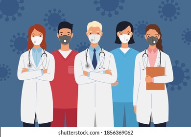 Medical staff of doctors and nurses wearing protective medical masks. Men and women doctors group. Medical team concept vector illustration in a flat style.