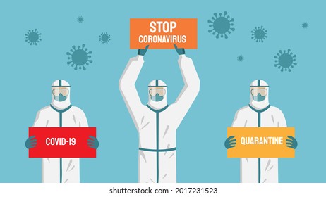 Medical staff of doctors in personal protective equipment. Stop Coronavirus epidemic concept vector flat illustration