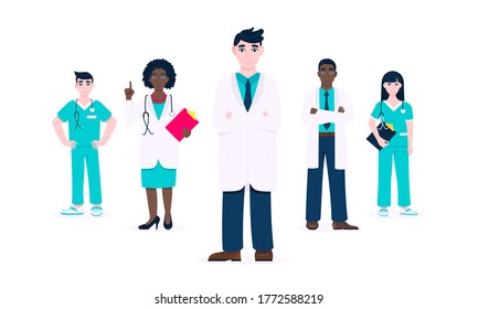 Medical staff doctors team clinic employee vector illustration isolated on white background. Hospital or medical clinic staff doctor, surgeon, nurse standing up with equipment.