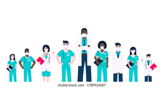 Medical staff doctors team with face masks clinic employee vector illustration isolated on white background. Hospital or medical clinic staff doctor, surgeon, nurse standing up with equipment.