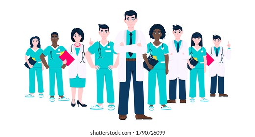 Medical Staff Doctors Team With Face Masks Clinic Employee Vector Illustration Isolated On White Background. Hospital Or Medical Clinic Staff Doctor, Surgeon, Nurse Standing Up With Equipment.