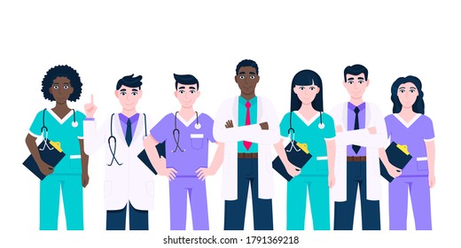 Medical staff doctors team with face masks clinic employee vector illustration isolated on white background. Hospital or medical clinic staff doctor, surgeon, nurse standing up with equipment.