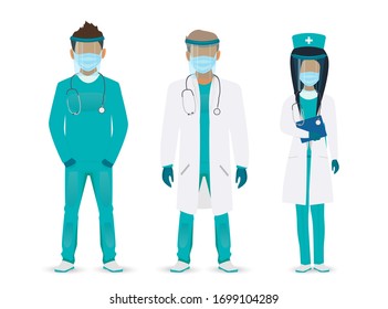 Medical staff. Doctors team in masks on a white background. Vector illustration in a flat style. Fight against covid-19 viruses. International Labor Day