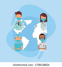 medical staff with face masks and earth planet vector illustration design